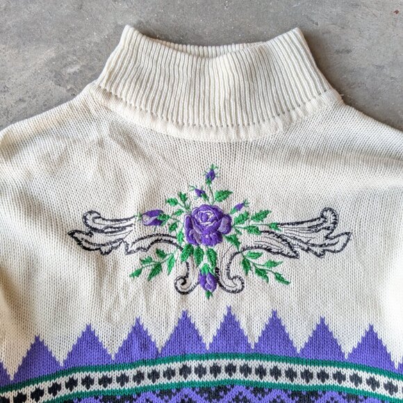 Vintage Au Courant Purple Floral Embroidered Patterned Mockneck Sweater large - Picture 2 of 8